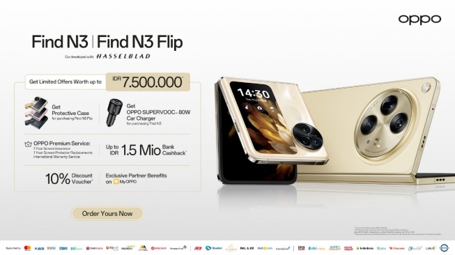 Spesifikasi dan harga Oppo Find N3 Flip yang resmi diluncurkan ke Indonesia pada Kamis (19/10/2023). [Dokumen Oppo Indonesia]