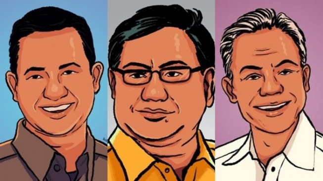 Kolase Anies Baswedan, Prabowo Subianto, lalu Ganjar Pranowo. (Suara.com/Ema)