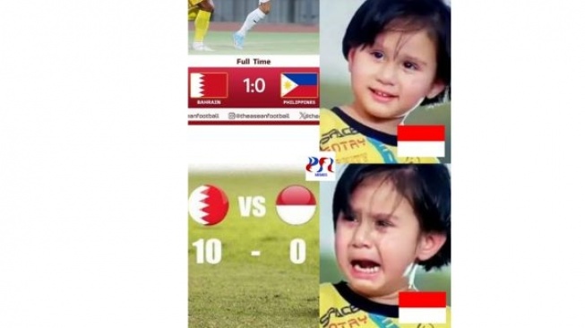 Filipina meledek timnas Indonesia saat dikalahkan Bahrain 0-10. (Facebook/Philippines Football League MEMES)