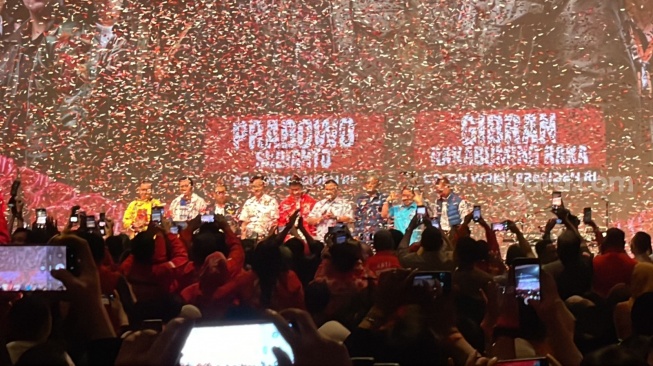 Prabowo Subianto dalam acara deklarasi PSI dukung Prabowo-Gibran dalam Pilpres 2024 di Jakarta Theatre. [Suara.com/Novian]