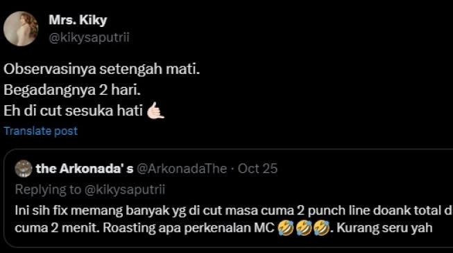 Kiky Saputri Kesal Tayangan Roasting Ganjar Pranowo Banyak Dipotong. (X)