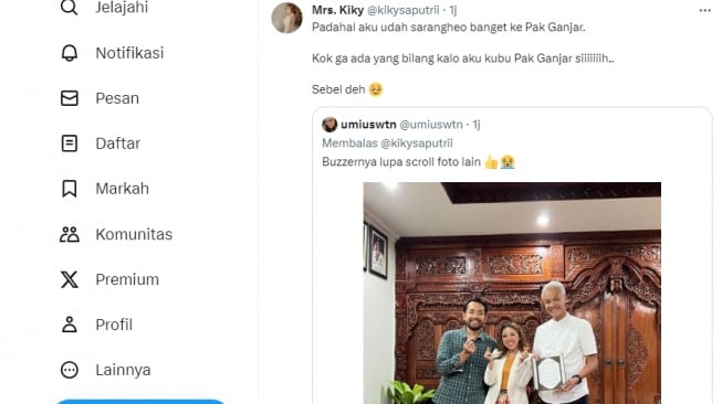 Cuitan Kiky Saputri tentang keakrabannya dengan Ganjar Pranowo. (Twitter)