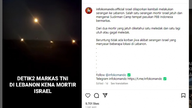 Sebuah video viral berisikan narasi adanya serangan PBB Indonesia di Lebanon terkena mortir Israel. [Tangkap Layar]