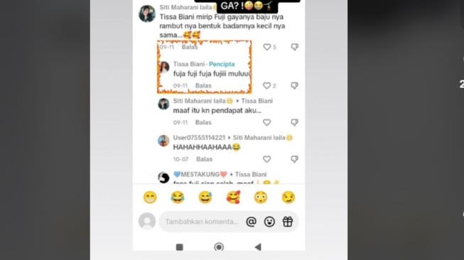 Reaksi Tissa Biani saat disebut mirip Fuji. (TikTok/ @akuimutendak)