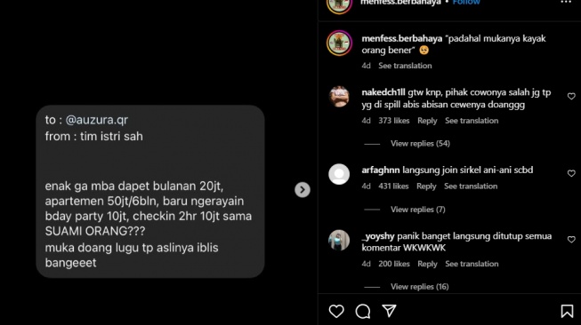 Selebgram Auzura dituding sebagai perempuan simpanan pria beristri (Instagram)