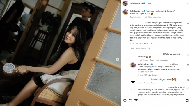 Jawaban Bella Bonita tatkala kehamilannya disinggung warganet (Instagram)