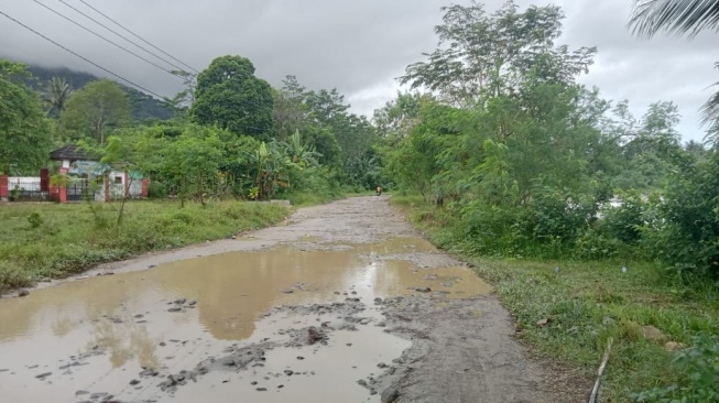 Kondisi jalan akses menuju Taman Nasional Ujung Kulon ketika diguyur hujan. [IST]