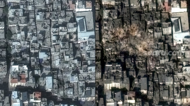 Foto kombo kombinasi gambar satelit yang dirilis oleh Maxar Technology pada tanggal 1 November 2023, menunjukkan (kiri) gambaran kamp pengungsi Jabalia pada tanggal 31 Oktober 2023 sebelum dan sesudah serangan Israel. [Handout / Citra satelit ©2023 Maxar Technologies / AFP]