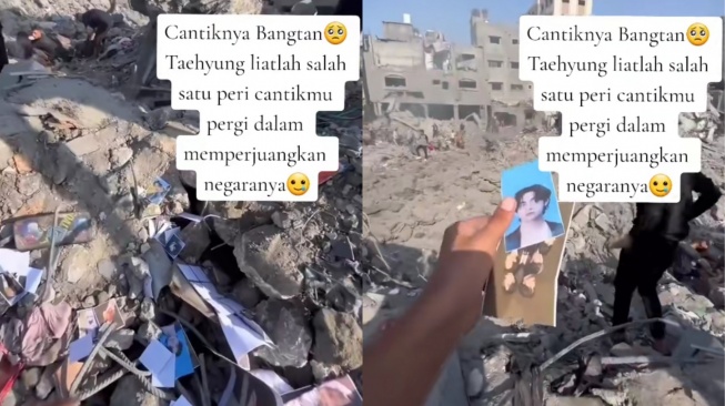 Viral Foto V BTS Ditemukan di Reruntuhan Bangunan di Gaza, Netizen: Taehyung, Peri Cantikmu Telah Gugur