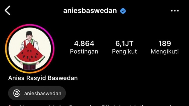 Bakal calon presiden Koalisi Perubahan, Anies Baswedan memasang foto semangka sebagai simbol dukungan untuk warga Palestina pada akun Instagramnya @aniesbaswedan. (tangkap layar)