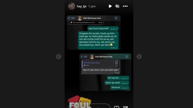 Marissya Icha minta sahabatnya take down postingan soal Fuji (Instagram/@hay_tje)