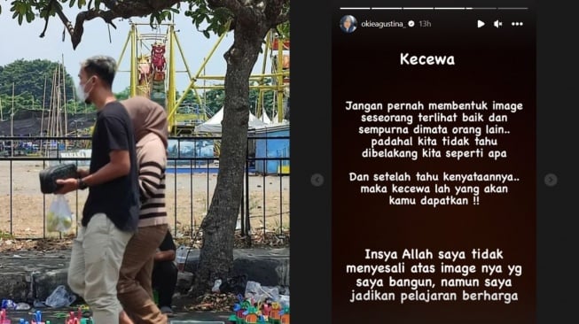 Kolase potret diduga Gunawan Dwi Cahyo dengan wanita lain dan curhatan Okie Agustina. (Instagram)