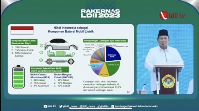 Menhan Prabowo Subianto saat memaparkan slide tentang nikel dan industri otomotif. (tangkapan layar)