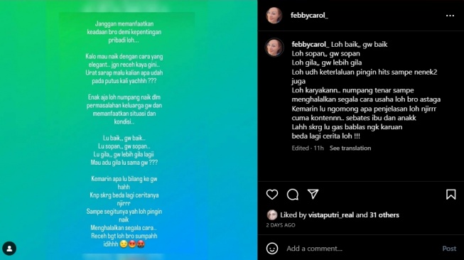 Sindiran Febby Carol untuk Jordan Ali (Instagram)