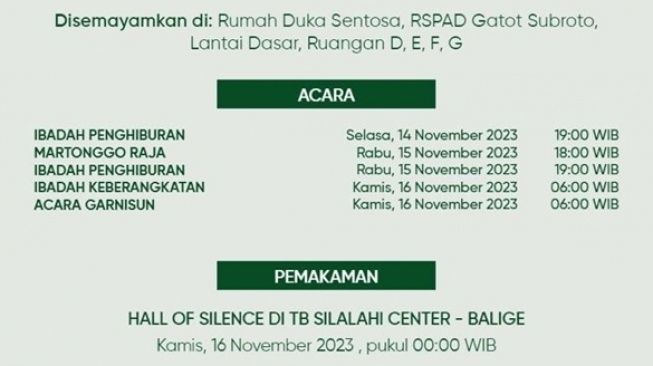 Rencana persemayaman dan pemakaman Letjen (Purn) TNI Dr. TB Silalahi yang meninggal dunia di RS Medistra, Senin (13/11/2023). (Ist)