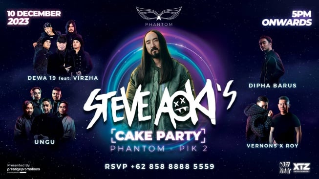 Steve Aoki's Cake Party yang menghadirkan Steve Aoki, Dewa 19, Ungu, Dipha Barus, dan Vernons X Roy di Phantom PIK 2, Jakarta pada 10 Desember 2023. [Instagram]