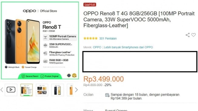 Update harga Oppo Reno 8T 4G di e-commerce. (Lazada)