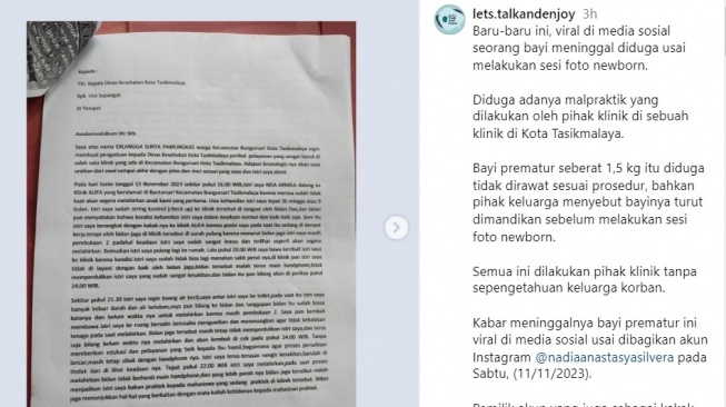 Isi surat ayah bayi prematur (Instagram)