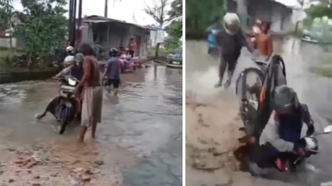 Detik-detik Pemotor Wanita di Pekanbaru Terperosok Parit lalu Terseret Arus Banjir