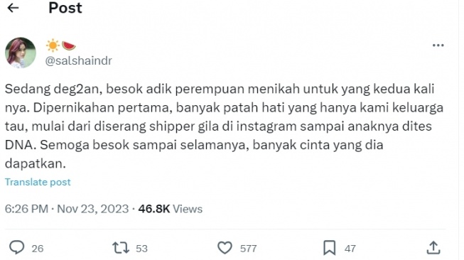 Salshadilla Juwita mengungkap rencana pernikahan kedua Nadya Mustika Rahayu.  Mantan istri Rizki D'Academy ini akan menikah dengan Iqbal Rosadi, Jumat (24/11/2023). [Instagram]