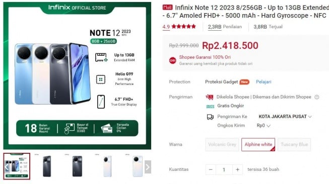 Update harga Infinix Note 12 2023, HP gaming murah Rp 2 jutaan. (Shopee)