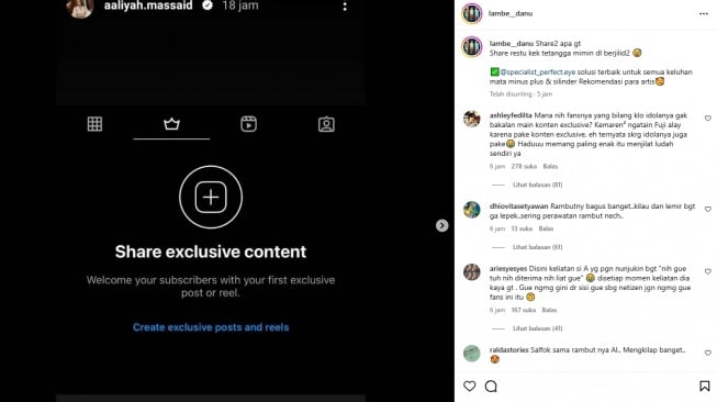 Aaliyah Massaid pasang konten eksklusif (instagram)