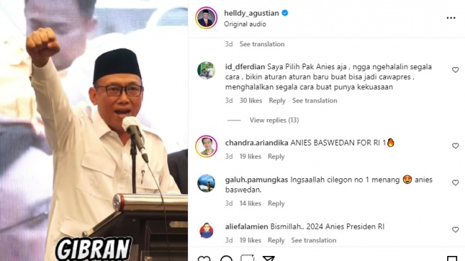 Postingan Wali Kota Cilegon Dukung Prabowo-Gibran Digeruduk Pendukung Anies: Maaf Pak Wali Saya AMIN!