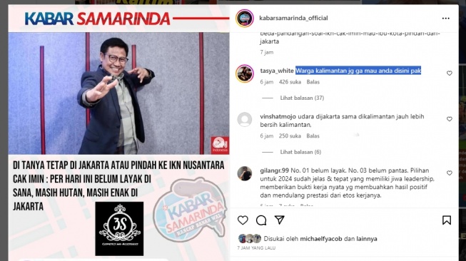 Tangkapan layar, Cak Imin sebut IKN masih hutan, netizen tolak kehadirannya. [Ist]