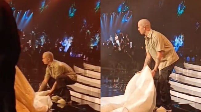 Momen Langka Ekor Gaun Pengantin Gwen Ashley Diangkat Max George, Vokalis The Wanted Nyambi Jadi Bridesmaid