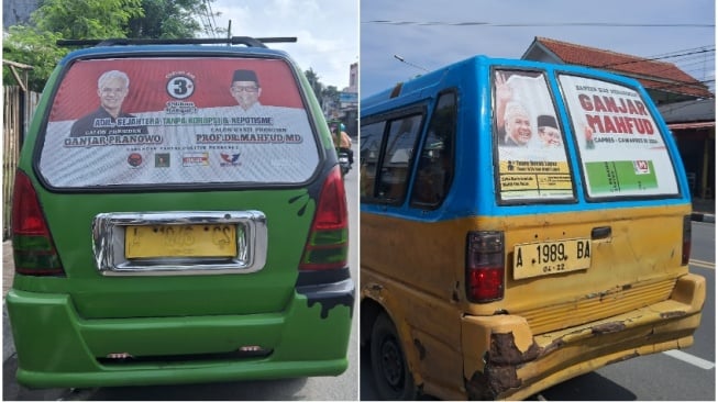 Sejumlah angkutan kota di Kota Serang, Banten terpasang stiker Ganjar-Mahfud. [Suara.com/Yandi Sofyan]