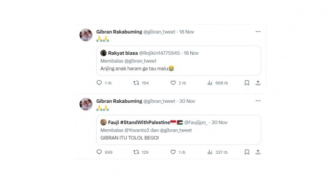 Tangkapan layar Gibran Rakabuming dihina warganet. [Screenshot]