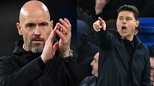 Kolase foto manajer Manchester United Erik ten Hag (kiri) dan pelatih Chelsea Mauricio Pochettino. [AFP]