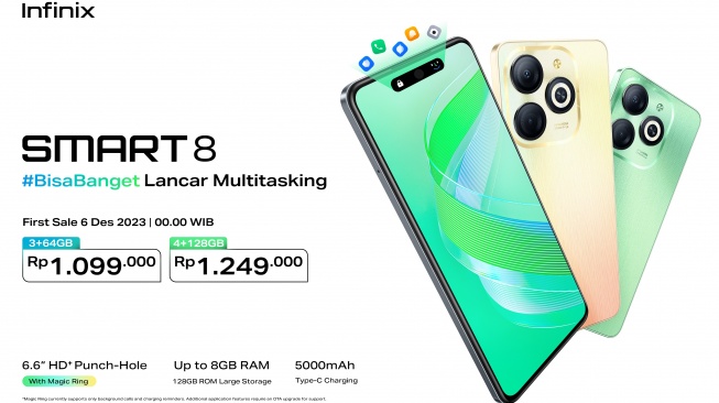 Spesifikasi dan harga Infinix Smart 8 yang resmi meluncur di Indonesia, Selasa (5/12/2023). [Infinix Indonesia]