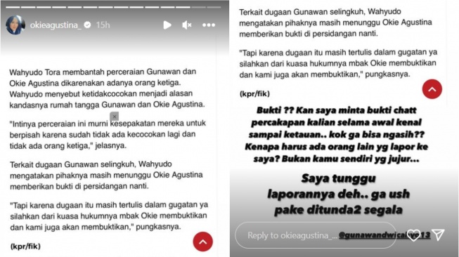 Instastory Okie Agustina soal perselingkuhan Gunawan Dwi Cahyo. (Instagram/ okieagustina_)