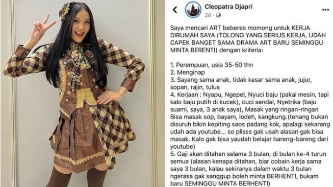 Cleopatra Djapri eks viral JKT48 sedang mencari pembantu dengan gaji Rp 1,7 juta (Instagram/@ratucleopatra20) (Twitter/@nurultryani)