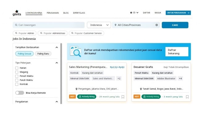 Tampilan situs lowongan kerja Glints. [screenshot]