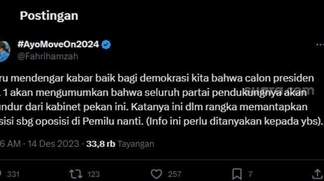 Cuitan Fahri Hamzah soal kabar menteri kubu Anies - Cak Imin bakal mundur dari kabinet Jokowi. (tangkapan layar/X)