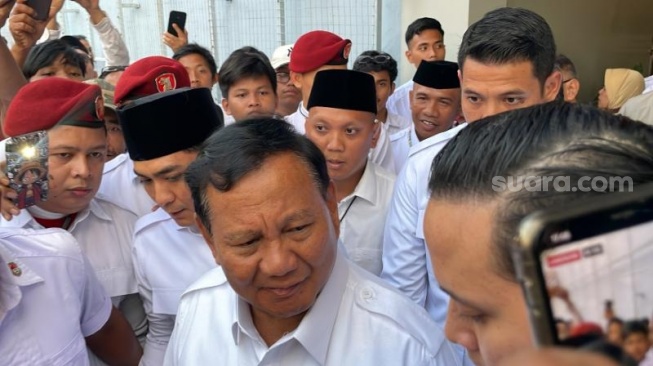 Capres nomor dua, Prabowo Subianto di acara Rakornas Partai Gerindra di JIEXPO, Kemayoran, Jakpus. (Suara.com/Novian)