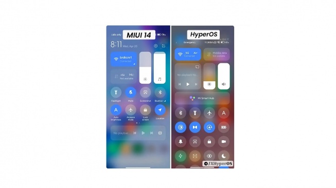 Perbedaan tampilan Control Center MIUI dan HyperOS. [XHyperOS]