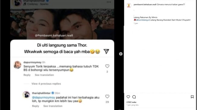 Balasan Thariq Halilintar untuk haters (instagram)