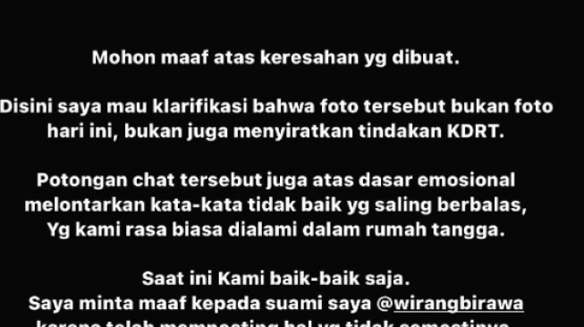 Permintaan maaf Umi Kalsum istri Wirang Birawa (Instagram)