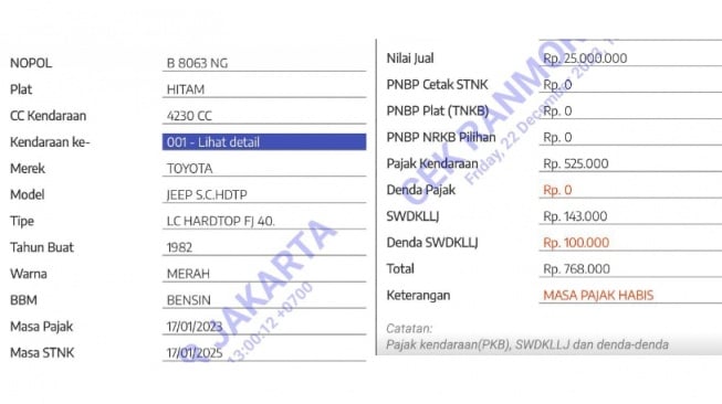 Pajak mobil FJ40 yang akan ditunggangi Faisal Haris ternyata belum lunas pajaknya (Cek Ranmor DKI Jakarta)