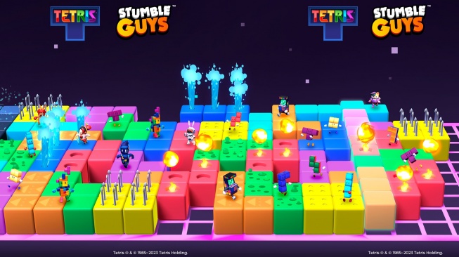 Kolaborasi game Stumble Guys dan Tetris. [Scopely]