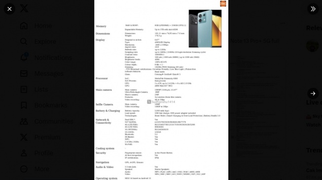 Bocoran spesifikasi lengkap Redmi Note 13 5G. [X/@Sudhanshu1414]