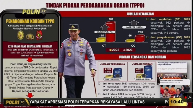 Data Tindak Pidana Perdagangan Orang atau TPPO yang dirilis Polri dalam acara Rilis Akhir Tahun di Gedung Rupatama Mabes Polri, Kebayoran Baru, Jakarta Selatan, Rabu (27/12/2023). (tangkap layar)