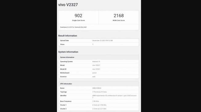 Bocoran vivo misterius muncul di Geekbench. [Gizmochina]