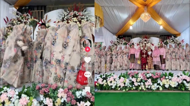 Kocak! Emak-emak Kondangan Pakai Seragam yang Bermotif Mirip Dekorasi Pelaminan