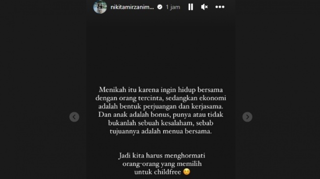 Unggahan Nikita Mirzani mengenai pernikahan dan anak. [Instagram]