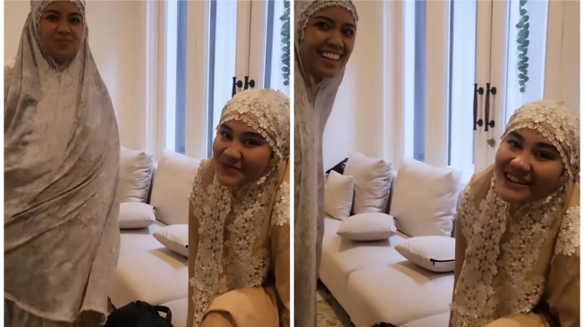 Aaliyah Massaid mengenakan mukena sebelum berangkat ke Tanah Suci (Instagram/@rezaartamevia)