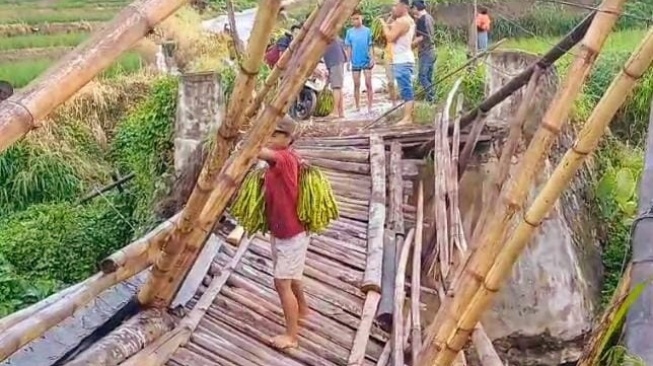 Jembatan Kedaung Pringsewu Rusak Parah, Warga Pilih Seberangi Sungai